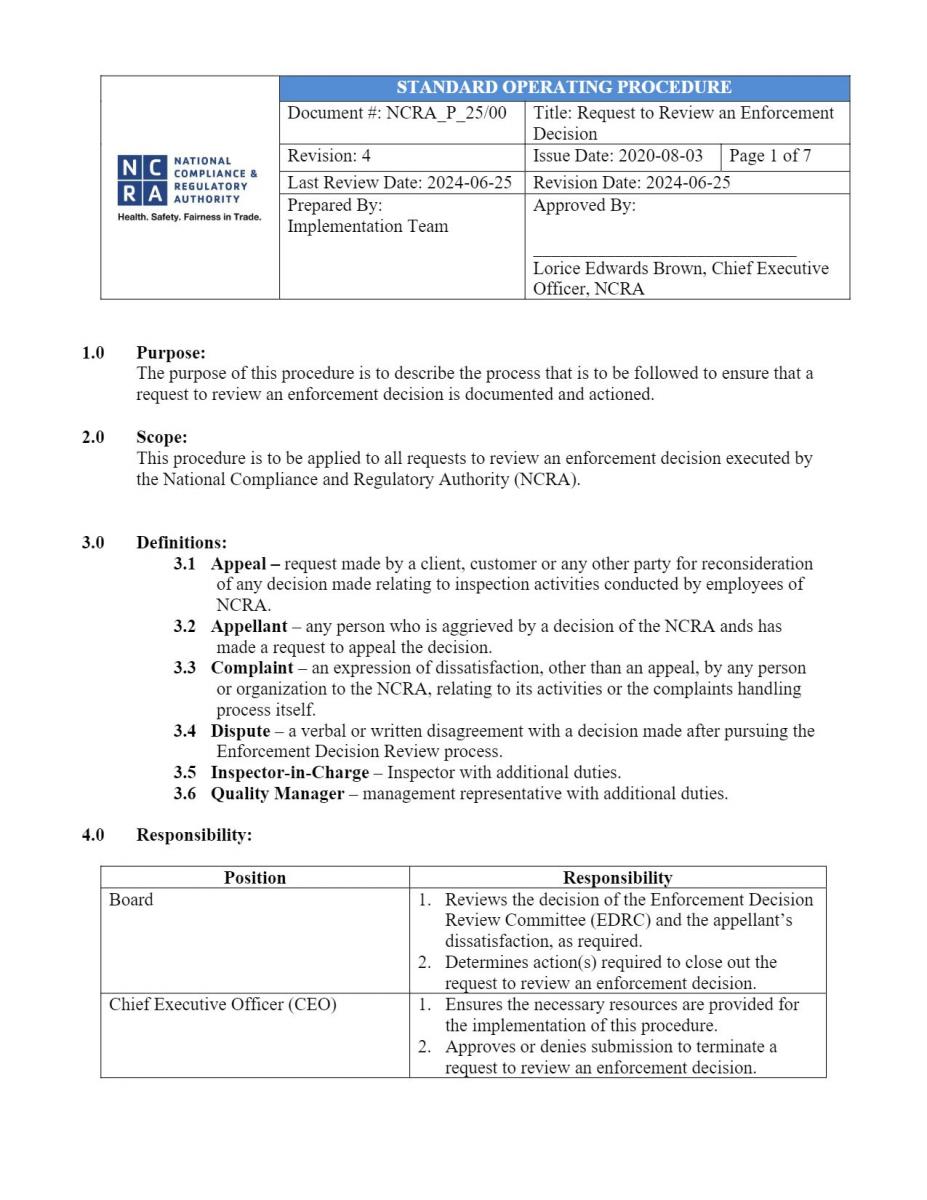 Enforcement decision procedure national compliance and regulatory